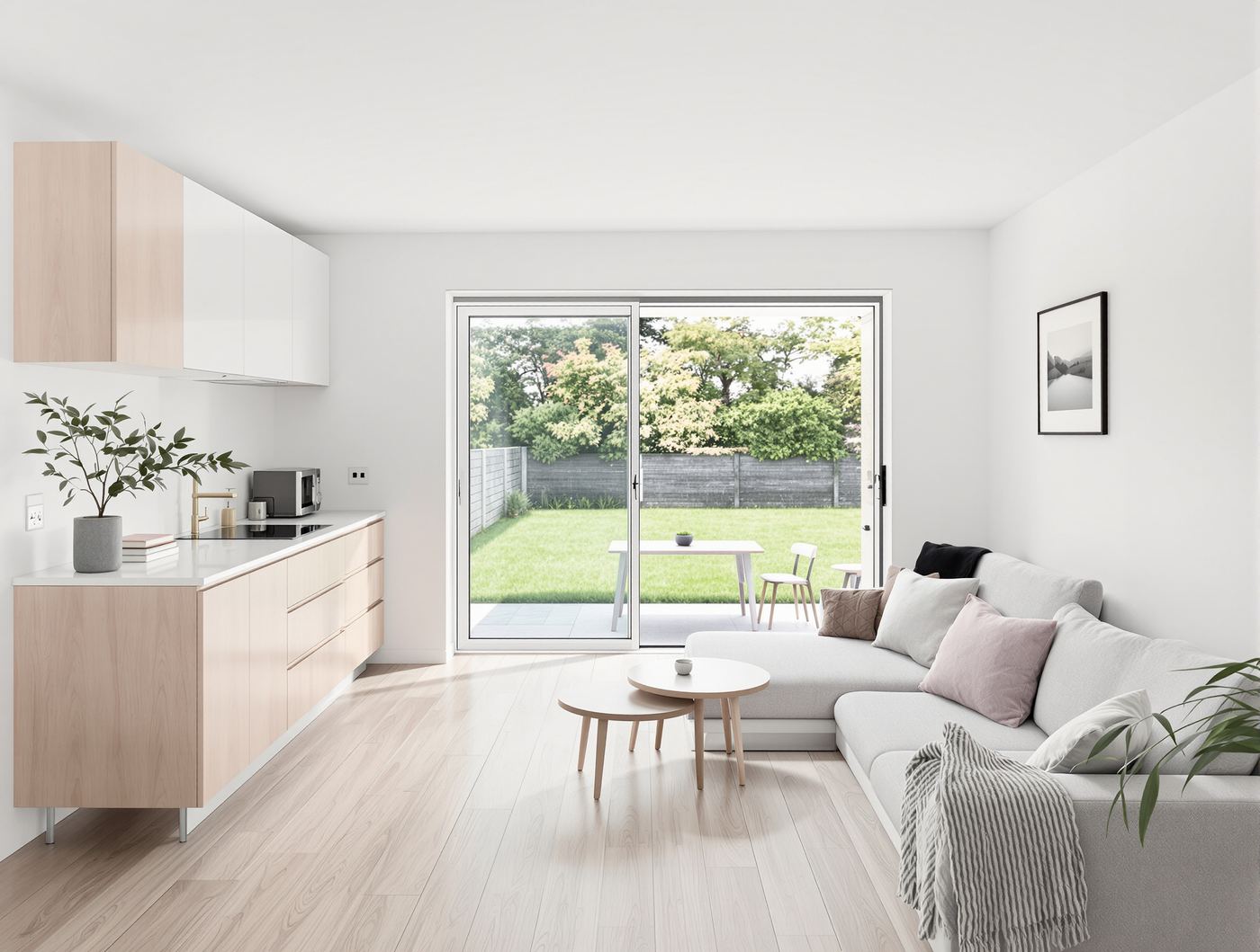 Artist's impression of a bright open-plan living space with a kitchen and glass doors onto the garden